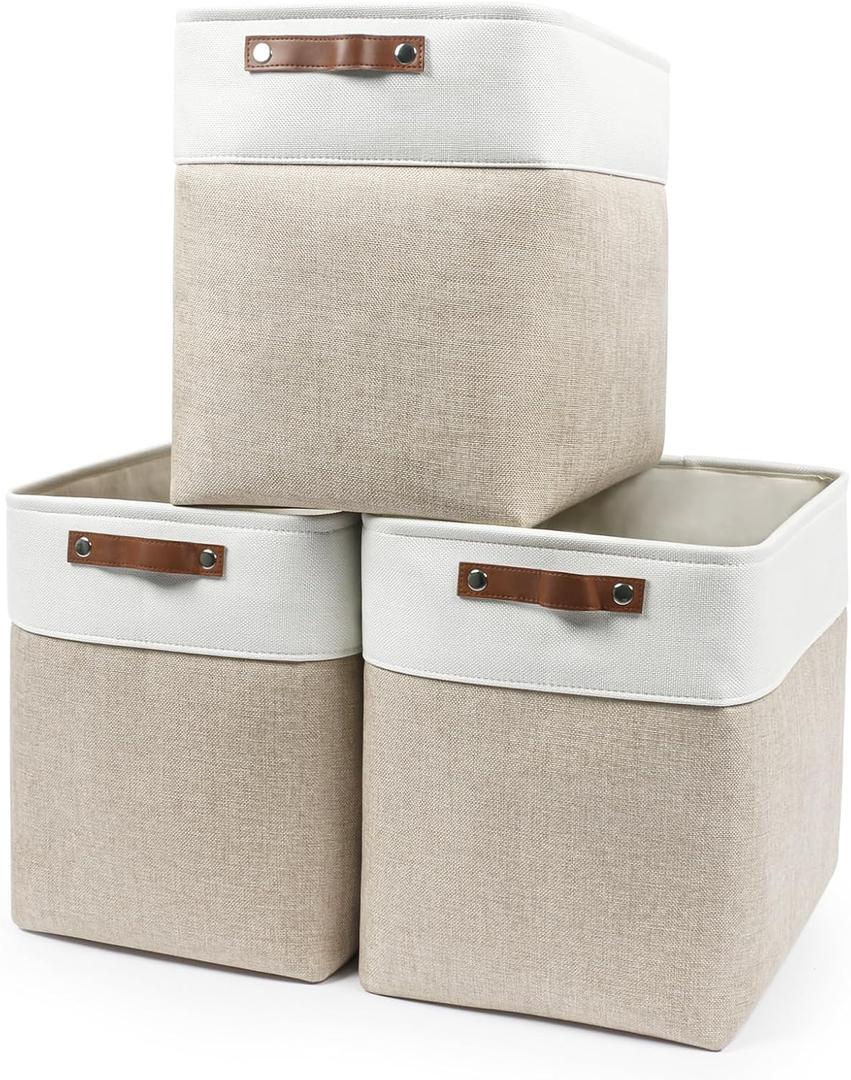 Bagnizer Large Fabric Storage Baskets | 50L Storage Bins, Decorative Linen Closet Baskets with Handles for Organizing, Shelf, Toys, Clothes, Home, Office, Nursery, 17x12x15Inches (Beige&White)