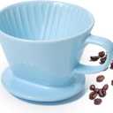 Pour Over Coffee Dripper, Ceramic Pour Over Coffee Maker with 3 Holes Flat Bottom, Easy Manual Brew Maker, Porcelain Slow Filter Cone for Travel, Camping, Office, Home, Blue