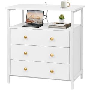 3 Wooden Drawers Night Stand, 27 Inch Wide Nightstand with Charging Station and Adjustable Drawers, Small Dresser for Closet, Bedside Table for Living Room/Bedroom/Office, White.