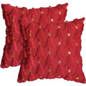 AVOIN colorlife Christmas Tree Star Red Throw Pillow Cover Set of 2, 18 x 18 Inch Soft Plush Faux Fur Jacquard Festivals Winter Cushion Case Decoration for Sofa Couch