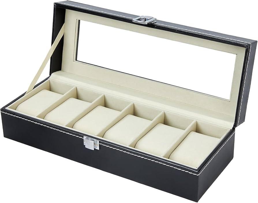 Watch Box Organizer for Men Watch Case 6-Slot PU Leather Watch Storage Real Glass Lid Jewelry Watch Holder Soft velvet Watch Display Case for Men Women Birthday Fathers Day Valentine's Day Gifts