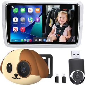 Cabin Care Baby Car Camera with Wireless CarPlay Adapter for iPhone Only, 1080P HD, IR Night Vision, 150 Wide-Angle, Real-Time Rear Seat Monitor, Works with Factory Wired CarPlay (Dog)