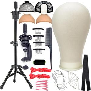 Wig Stand Tripod with Heads, Canvas Block Head Mannequin Head Stand Wigs Display Styling Head With Mount Hole for Wigs Making Display with Wig Caps, T Pins C Pins Set Bristle Brush
