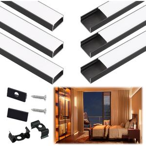 Muzata 6Pack 3.3FT/1M Wider LED Channel Black Aluminum LED Strip Diffuser Channel with Milky White Cover U102 BW 1M