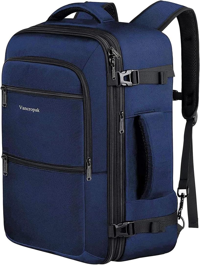Vancropak Carry On Backpack, 45L Expandable Extra Large Travel Backpack, Flight Approved Water Resistant Luggage Suitcase Daypack, Lightweight Personal Business Weekender Bag for Men & Women, Blue
