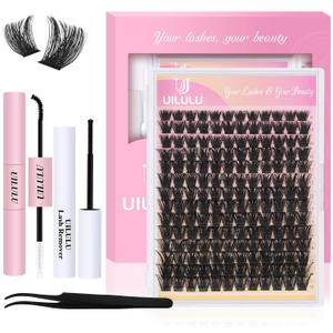 UILULU DIY Lash Clusters Kit 168 Individual Clusters False Eyelashes, Cluster Eye Lash Extensions Kit with Bond & Seal, Remover, Tweezers, Fake Eyelash D Curl-0.07-9-16MM(U02 Lash Kit)