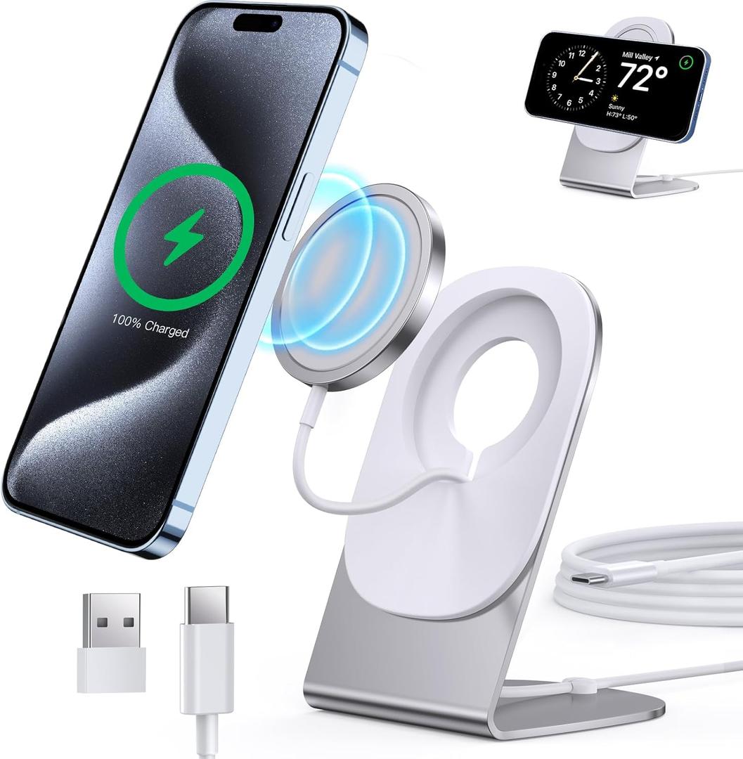 Magnetic Wireless Charger Mag-Safe Charger for iPhone 15/14/13/12 Series Convertible Magnet Wireless Charging Stand/Pad with Dual Charging Ports 5ft Cable for iPhone and AirPods 2/3/Pro (No Adapter)