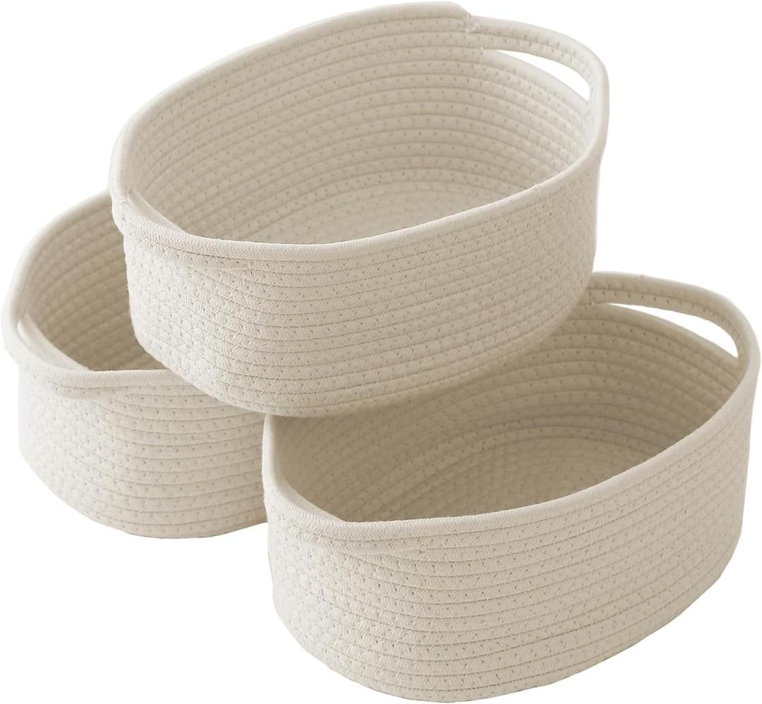JMvicyroam Woven Basket,Small Rope Storage Bin with Handles & Ribbon Bag, Organizer for Shelves Closets,Gift Basket Empty for Birthday,Books,Dog Toys,White/3 Pack