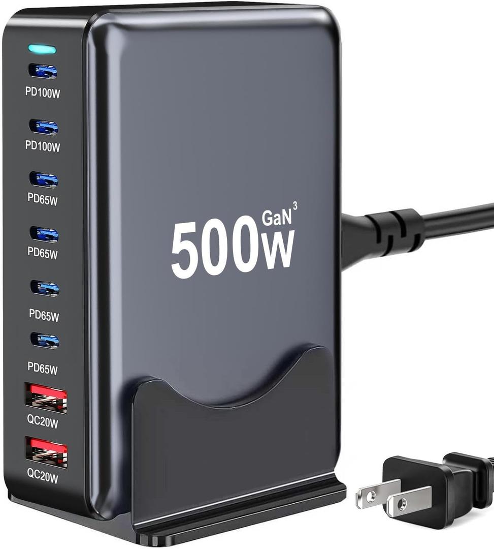 500W USB C Charger Block, 8-Port Fast USB Charging Station Dual PD 100W GaN  Pro Charging Station For Multiple Devices, Laptop Charger Adapter Compatible with MacBook, DELL, iPad, iPhone, Samsung etc