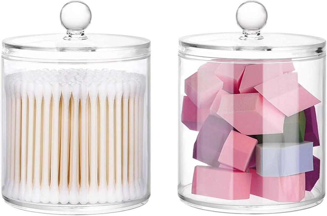 20-Ounce Qtip Holder Storage Canister Set of 2, Clear Plastic Apothecary Jar with Lid, Bathroom Makeup Organizer for Cotton Ball, Cotton Swab, Pads, Powder Puffs (2)