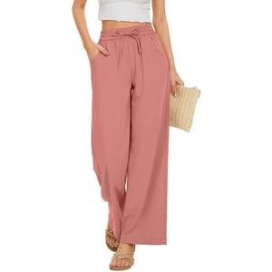 KICZOY Women Flowy Pants Drawstring Waist Wide Leg Palazzo Beach Pants Loose Fit with Pockets XL