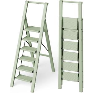 Mayi Plus 6 Step Ladder, Lightweight Folding Step Stool with Convenient Handgrip,Aluminum 330lbs Capacity Step Ladder for Office,Household,Kitchen,Library(Green)