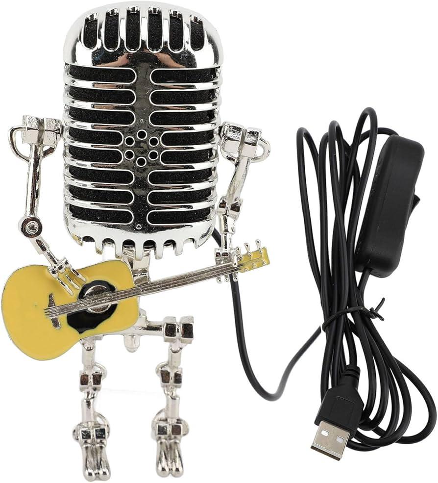 Vintage Microphone Guitar Lamp, Cool Guitar Gifts for Music Lovers and Player, USB Plug in Powered, Retro Decorations for Home, Bar, Office