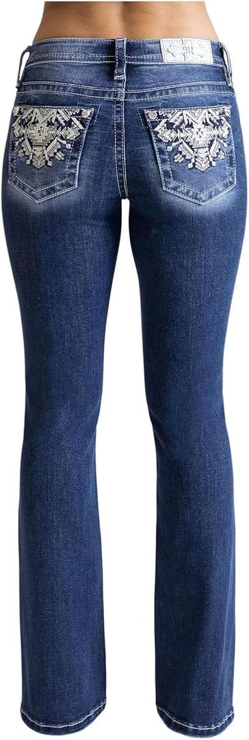 Miss Me Women's Aztec Stitch Mid-Rise Bootcut Jeans (28W x 34L, Dark Blue)