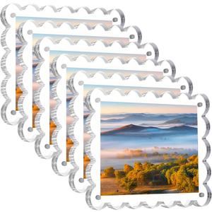 6 Pcs Acrylic Picture Frames, 55 Inch Square Magnetic Photo Scalloped Frames, 10+10mm Thick Block, Double Sided Magnet Frames, Clear Frameless Photo Display for Tabletop Displays