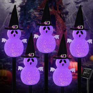 Solar Halloween Pathway Lights Outdoor Decorations，5 Pack Ghost Garden Stake Lights, Waterproof LED Walkway Lights for Outside Patio Yard Halloween Decor (Purple Ghost)
