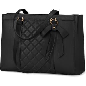 RAINSMORE Laptop Bag for Women 15.6 Inch Work Tote Bags Waterproof Leather Laptop Tote Professional Computer Briefcase (Black)