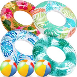 90shine 7PCS Luau Pool Floats: Hawaiian Swimming Rings with 13.5" Beach Balls - Inflatable Tubes Floaties Toys for Kids Adults