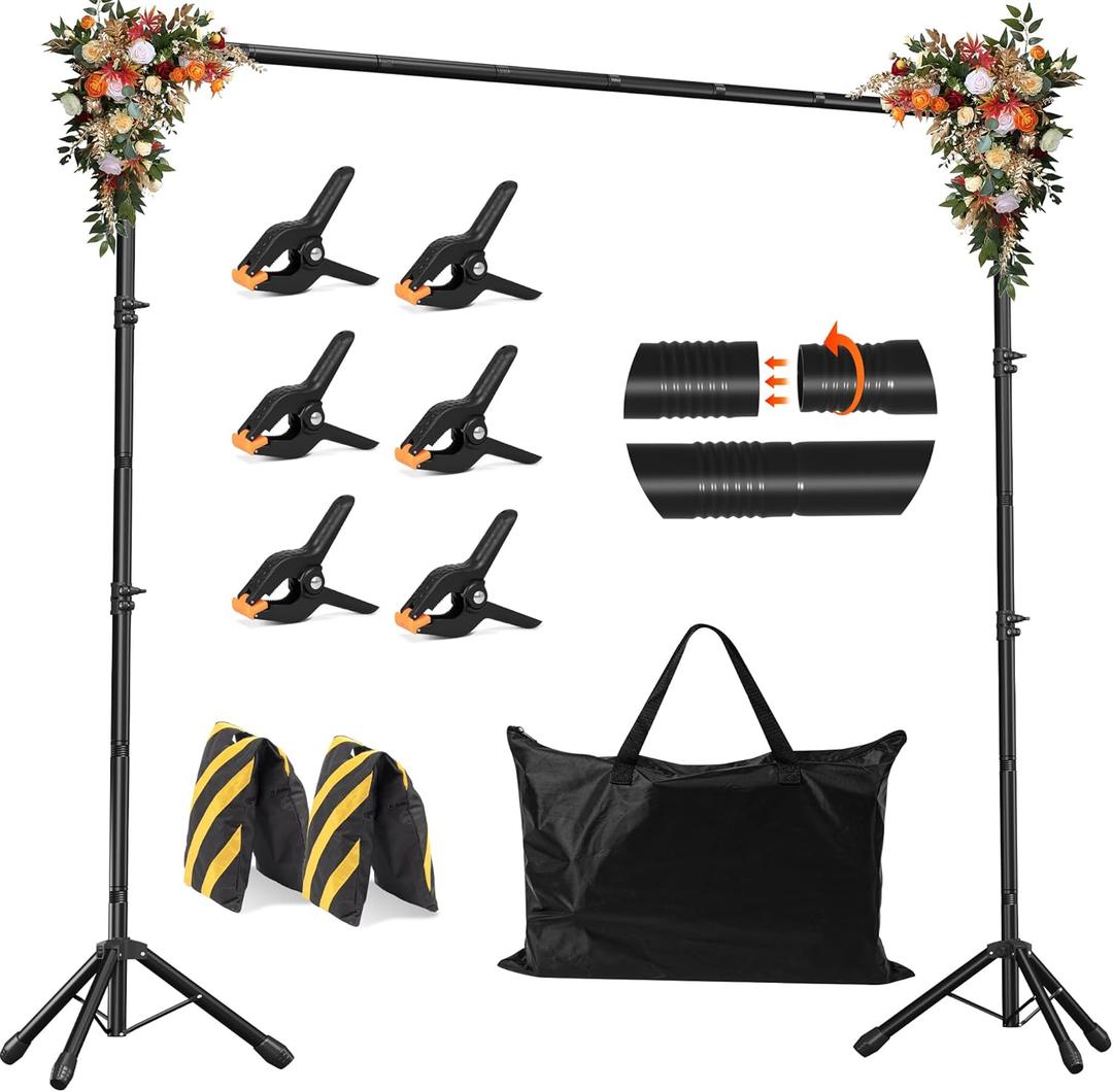 JSungo 10x8.5 FT Backdrop Stand for Parties, Adjustable Photo Backdrop Stand Kit with Carrying Bag, Portable Background Stand Backdrop for Wedding, Photoshoot, and Photo Studio (Black)