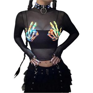 GORGLITTER Women's Y2k Graphic Sheer Mesh Crop Top Reflective Long Sleeve See Through Goth Rave Going Out T-Shirt (Black)