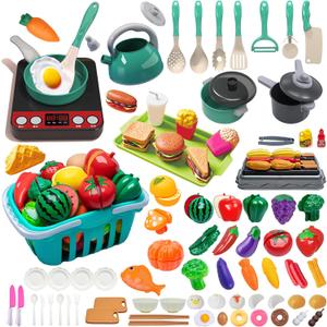 108Pcs Kids Kitchen Toy Accessories, Toddler Pretend BBQ Camping Cooking Playset, Utensils Cookware Toys, Play Food Set, Toy Vegetables, Learning Gift for Girls Boys (Green)