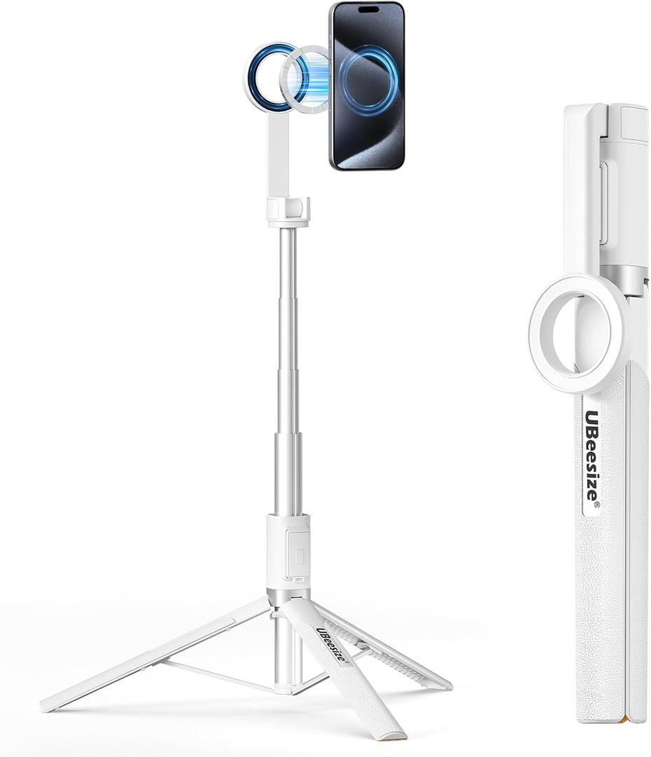 UBeesize Magnetic Tripod for iPhone with Remote, 64 Extendable Phone Stand for Video Recording/Vlogging, N52 Strong Holder for iPhone 12-15/Android, Portable Travel Selfie Stick Tripod(White)