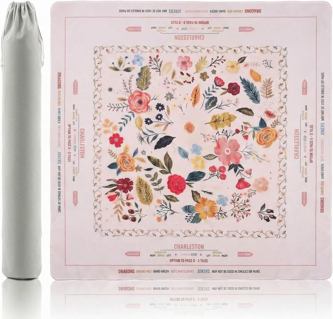 Pink Floral Mahjong Mat with Rules Printed(32.6"x32.6"), Non-Slip Waterproof Mahjong Mat for Table, Ideal for American Mahjong Players, Beginners & Family Fun
