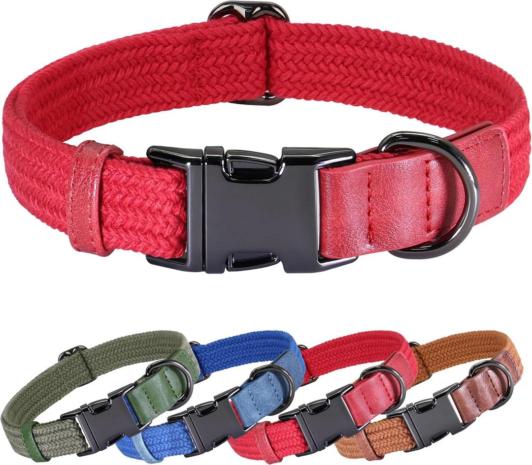 PET ARTIST Soft Cotton Dog Collar for Medium Dogs in Glamorous Red, Simple Dog Collar with Quick Release Metal Buckle & D Ring, M Size (13-21")