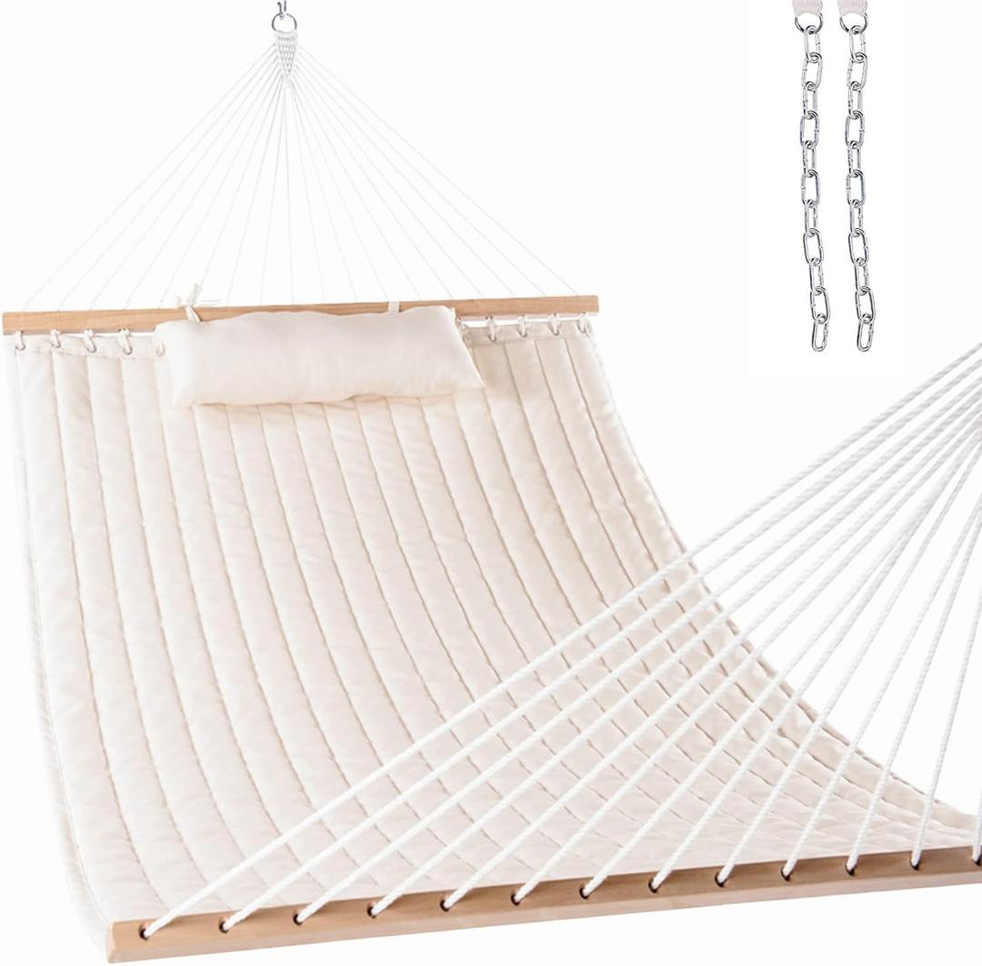 Lazy Daze Hammocks 12 FT Double Quilted Fabric Hammock with Spreader Bar and Detachable Pillow, 2 Person Hammock for Outdoor Patio Backyard Poolside, 450lbs Weight Capacity, Natural Lazy Daze Hammocks 12 FT Double Quilted Fabric Hammock with Spreader Bar and Detachable Pillow, 2 Person Hammock for Outdoor Patio Backyard Poolside, 450lbs Weight Capacity, Natural