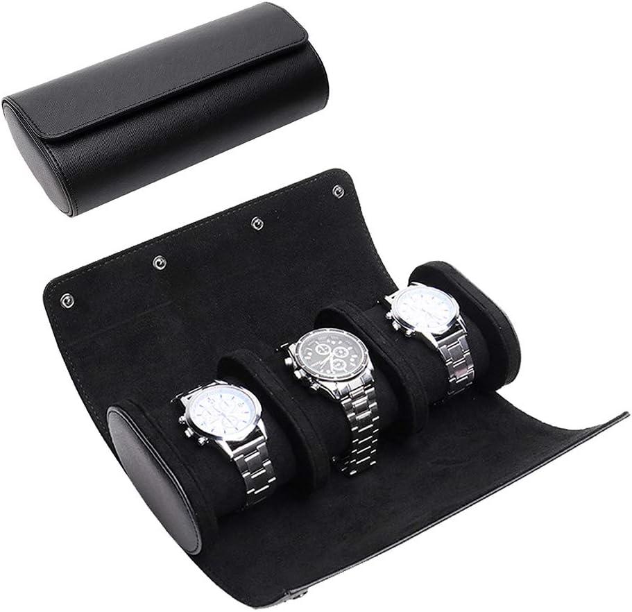 ROSELLE Watch Roll Travel Case for Men and Women- 3 Watch Storage and Organizer-Secure Storage with Innovative Removable Pillows & Solid Dividers for Home Storage, Travel and Display(Black Cross-3)