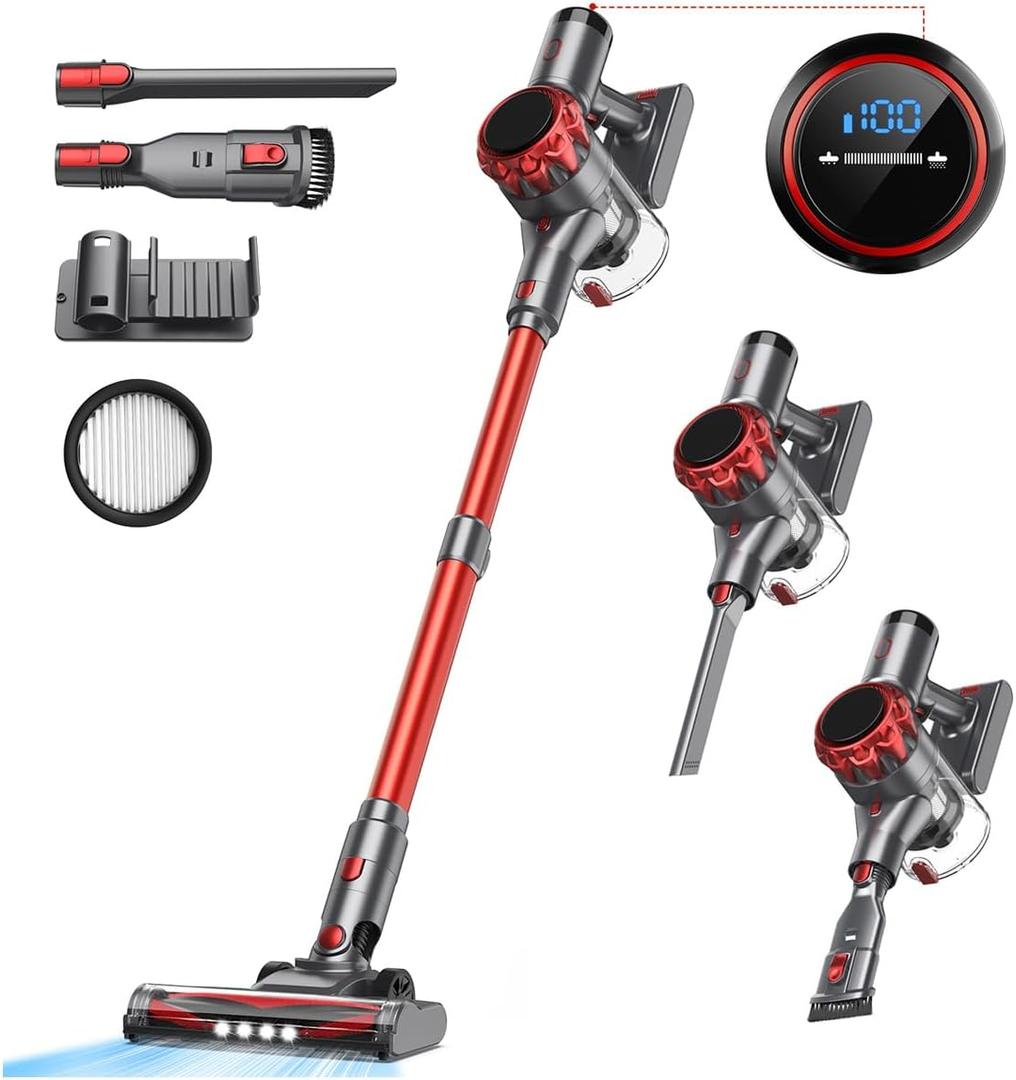 S3 Cordless Vacuum Cleaner, 45kPa Powerful Vacuum Cleaners for Home, 55-Min Runtime Rechargeable Stick Vacuum, Self-Standing, for Pet Hair Carpet Hard Floor, LED Display (Red)