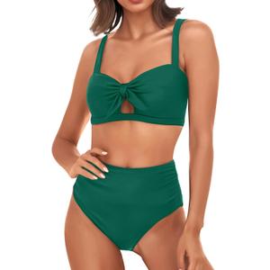 Tempt Me Women Two Piece Swimsuits High Waisted Bikini Set Tummy Control Ruched Tie Knot Bathing Suits (Small, Deep Green)