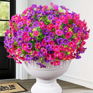 2 x MARTINE MALL 12 Bundles Look Real Artificial Flowers for Outdoors, Realistic Fake Outdoor Flowers, UV Resistant Silk Petunia Flowers for Outside Faux Flowers Plants for Outdoor Porch, Purple+Fuchsia