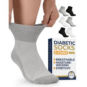 Pembrook Ankle Diabetic Socks for Women & Men | 6 Pairs | Wide Non Binding Socks Quarter Length | Edema Neuropathy Socks, Size: Medium