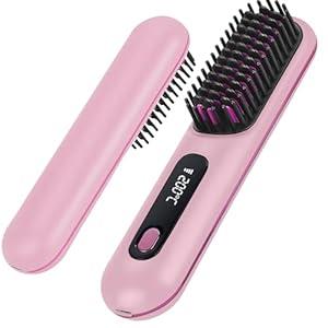 Numoya Go Brush Pro - Cordless Hair Straightener Brush Portable Comb for Travel, USB Charging, Fast Heating, with LCD Display (Pink)