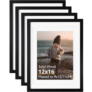 KINLINK 12x16 Picture Frame Black, Solid Wood Frames with Acrylic Plexiglass for Pictures 11x14/9x12 with Mat or 12x16 without Mat,Wall Display Photo Frame, Set of 4