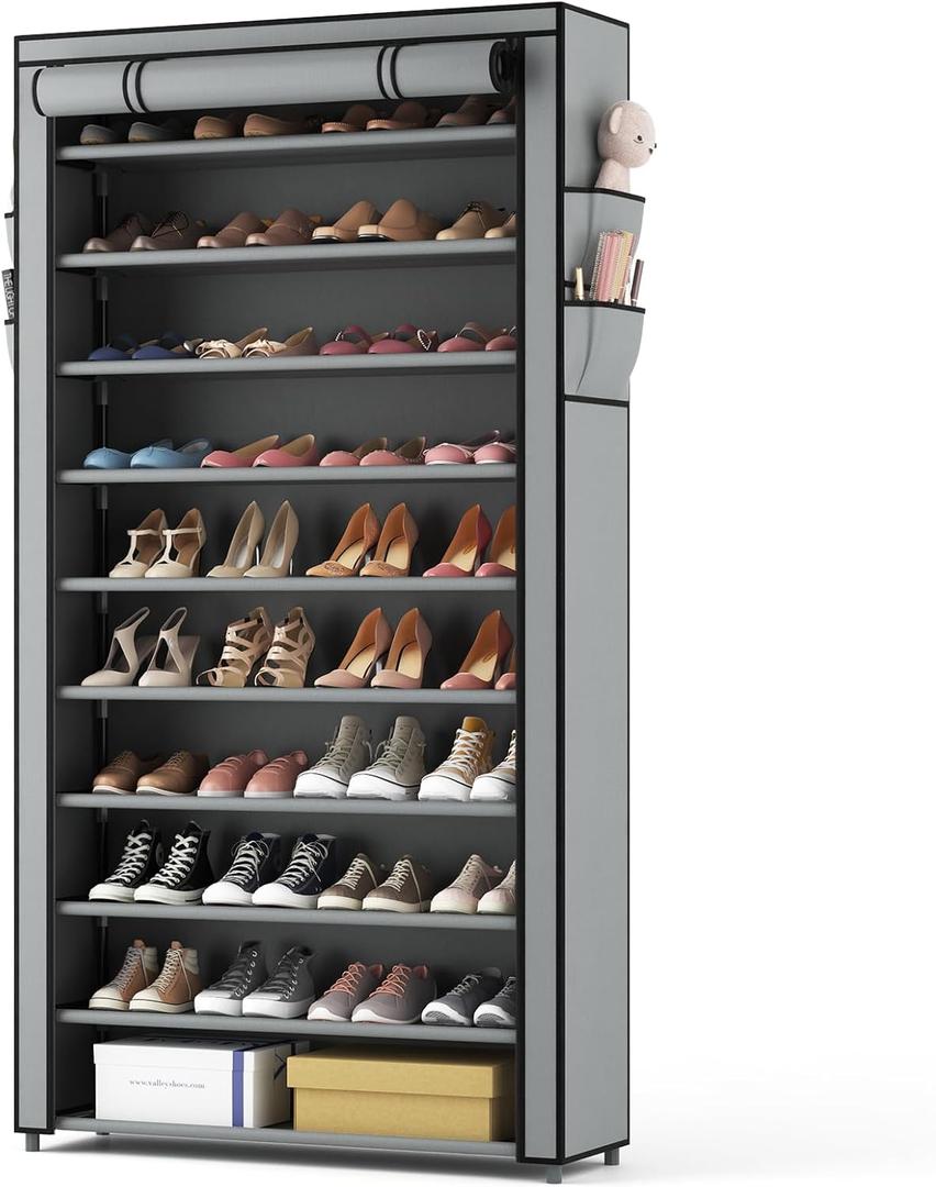ROJASOP Shoe Rack with Covers, Stackable 10 Tier Tall Shoe Shelf Storage 50-55 Pairs Shoes and Boots Large Capacity Vertical Shoe Rack Organizer for Closet Entryway Garage Bedroom, 33.8"W - 10 Tier, Grey
