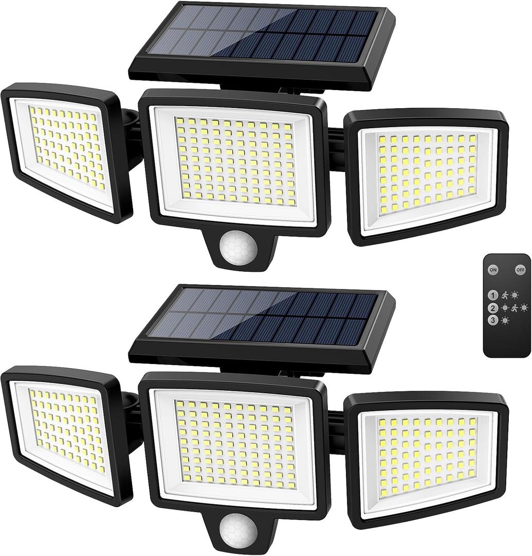 Tuffenough Solar Outdoor Lights 2500LM 210 LED Security Lights with Remote Control,3 Heads Motion Sensor Lights, IP65 Waterproof,270Â° Wide Angle Flood Wall Lights with 3 Modes(2 Packs)