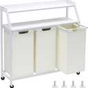 Laundry Hamper, Laundry Sorter 3 Section, Rolling Laundry Basket with Wheels, 2 Shelves, 3  14.5 Gal, Pull-Out and Removable Oxford Fabric Bags, for Laundry Room, White and Beige