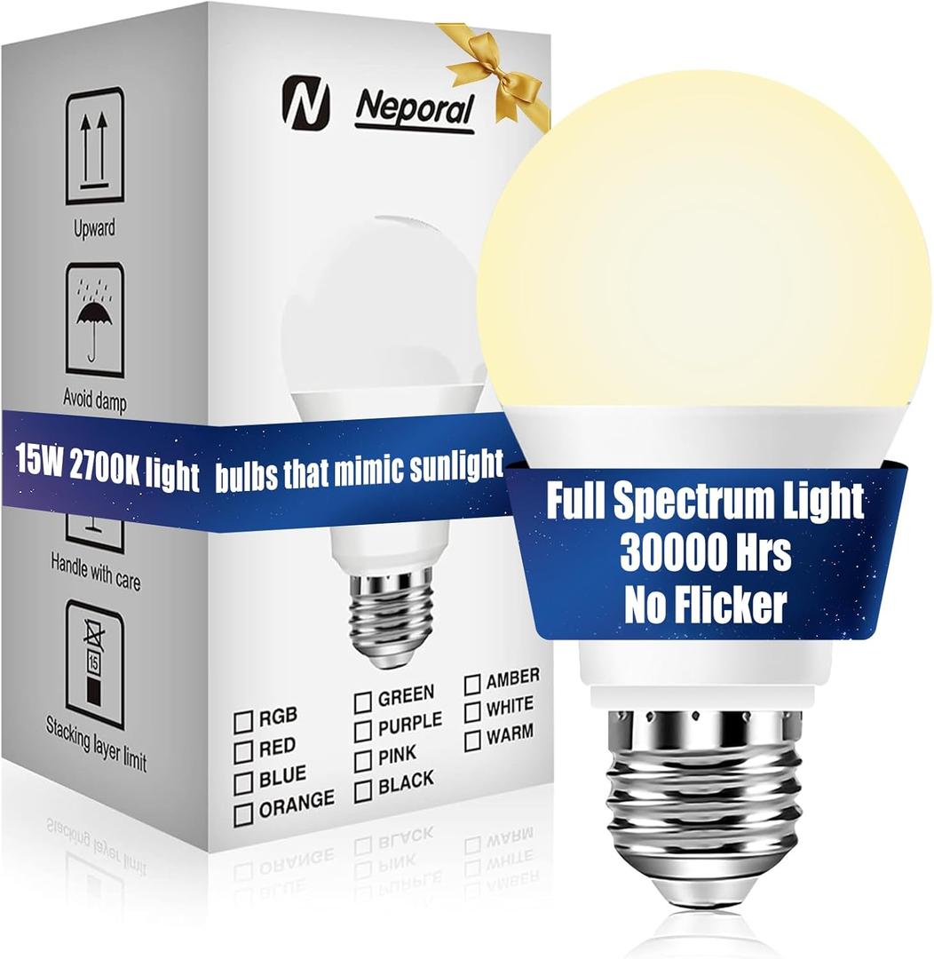 Neporal 15W Full Spectrum Light Bulb, 2700K UV-Free Natural Sunlight Bulbs, 15W 100W Equivalent LED Light Bulb, CRI 90+, No Flicker, 1200Lumen Daylight Sun Light for HumansHome & Office,1PK