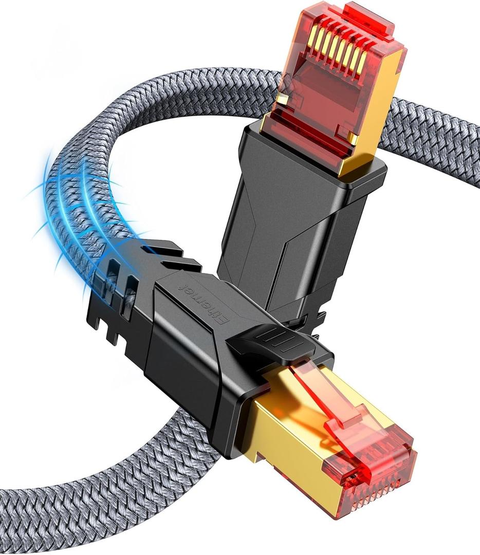 Snowkids Cat 8 Ethernet Cable 10 FT, Braided Heavy Duty High Speed Internet/LAN/Network Cable, 40Gbps 2000Mhz, Indoor and Outdoor Flat Patch Cord RJ45 Connector for Gaming, PC, Modem, Router