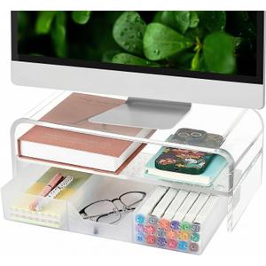 OPNICE Acrylic Clear Desk Organizers and Accessories, 2-Tier Computer Monitor Stand Riser with Drawer, Laptop Stand, Office Desk Accessories for Office Supplies, Transparent (Transparent 1-Pack)