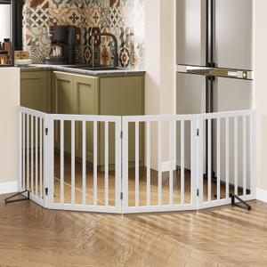 Wooden Dog Gate Freestanding Foldable Pet Gate 4 Panel Fully Assembled Dog Gates for Doorways House Stairs (White)