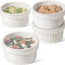 LE TAUCI Ramekins Oven Safe with Lids, 12 oz Ramikin Set for Creme Brulee, Souffle, Dipping Sauce, Onion Soup, Ceramic Food Storage Container - 5 inch, Set of 4, Arctic White