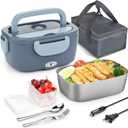 Electric Lunch Box Food Heater - 3 in 1 Portable Leakproof Heated Lunch Box for Car/Home/Adults with 1.5L Removable 304 Stainless Steel Container, 60-80W, 12V/24V/110V (Blue)
