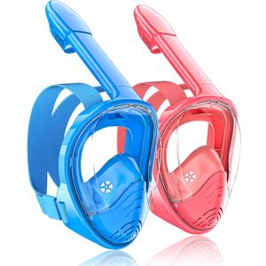 QingSong Kids Snorkel Mask Full Face, Snorkeling Set with Camera Mount, Foldable 180 Degree Panoramic View Snorkeling Gear Anti-Fog Anti-Leak (X-Small, 1Blue/1Pink)