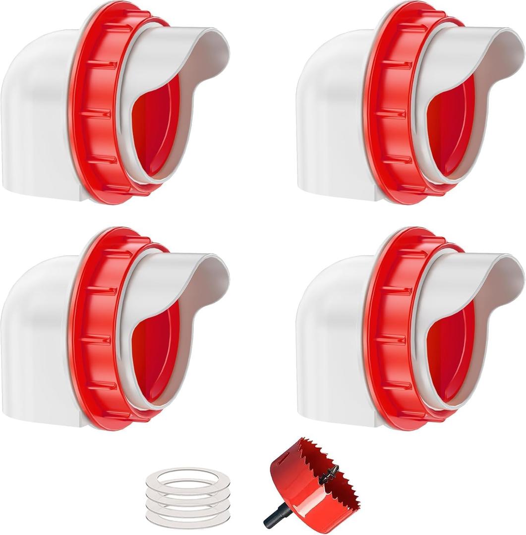 Chicken Feeders No Waste, DIY Automatic Poultry Feeder 4 Ports 1 Hole Saw with Covers Gravity Feed Kit for Buckets Barrels Bins Troughs (Red)