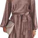 Happy Sailed Women's Vintage Velvet Mini Dresses Fall Fashion Lantern Sleeve Empire Waist Belted A-Line Skater Dresses for Cocktail Party Pink, X-Large