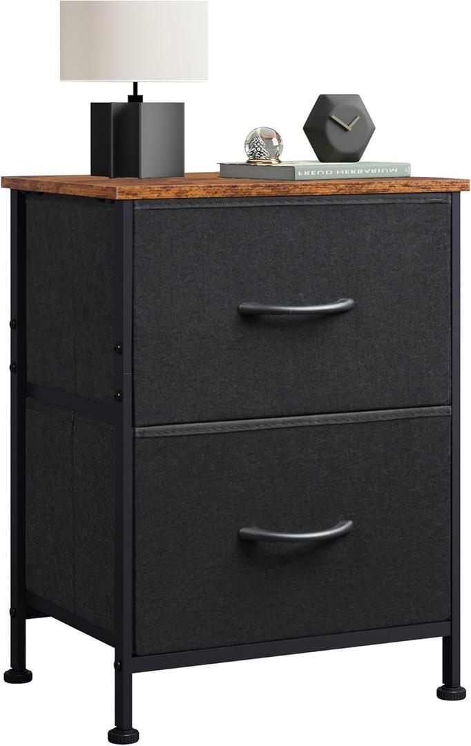 WLIVE Nightstand, 2 Drawer Dresser for Bedroom, Small Dresser with 2 Drawers, Bedside Furniture, Night Stand, End Table with Fabric Bins for Bedroom, Closet, Entryway, Black and Rustic Brown (1 Piece)