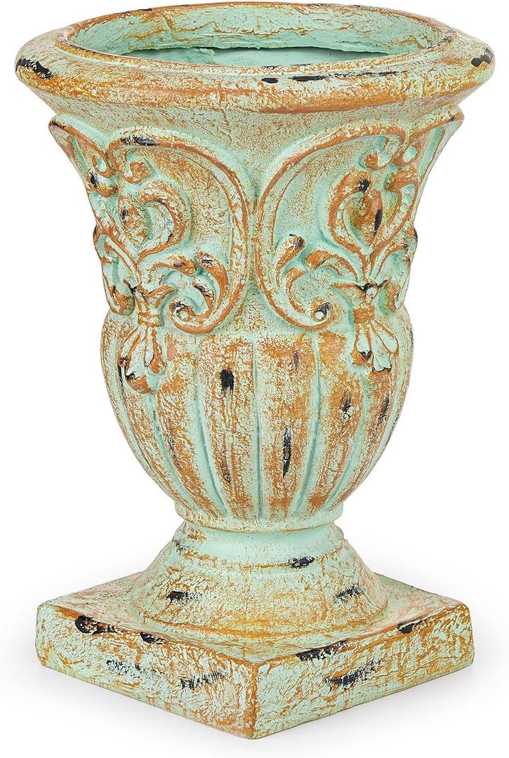 Sungmor Vintage Resin Trophy Planter, 13 Inch Embossed Design Garden Urn with Drainage Hole, Decorative Plant Pot Indoor Outdoor Plant Container, Shabby Chic Flower Vase Home Decor
